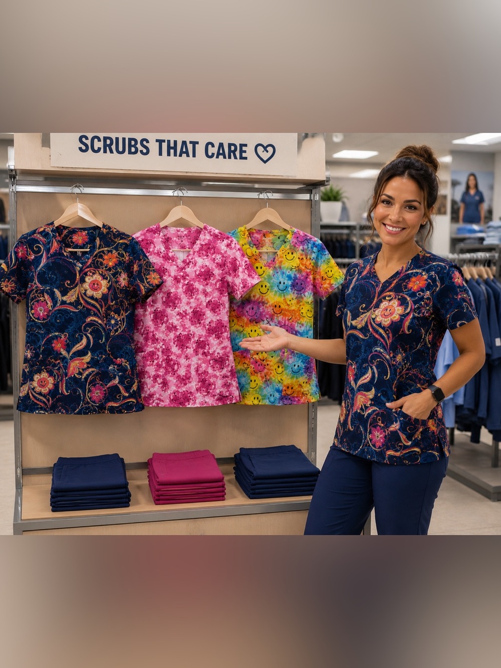 3- Tops for $25 Women’s Floral Navy V-Neck Scrub Top - Unbranded